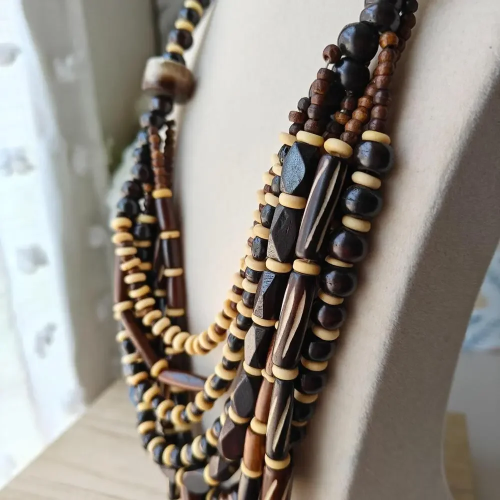 Bohemian dark brown and cream wooden multilayer beaded necklace